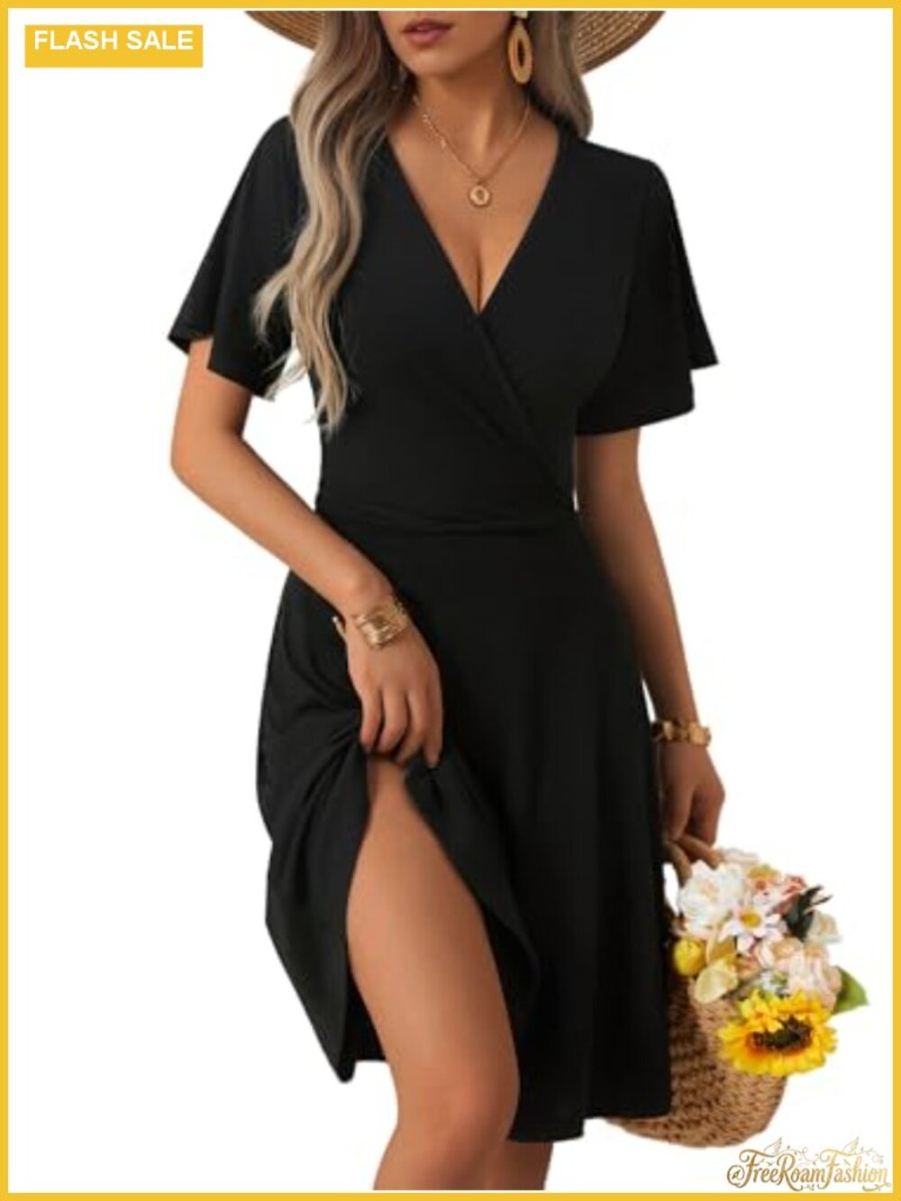 Women's Flowy Wrap Midi Dress with Ruffle Sleeves, V-Neck Summer Dress